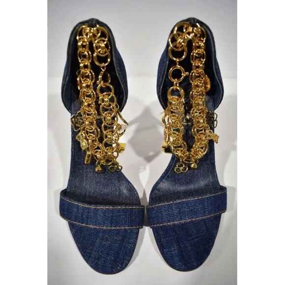Christian Louboutin Gourmi Sandal 100 Denim Gold Charm Ankle Strap Heel Pump 38 - Picture 7 of 12